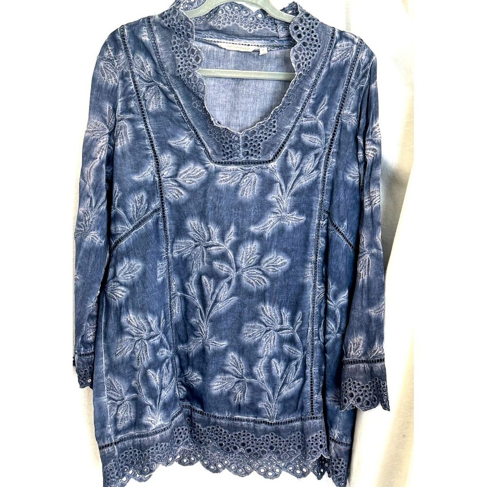 Soft Surroundings Blue Denim Tunic Eyelet Border & Embroidered Tunic Blouse, Lge